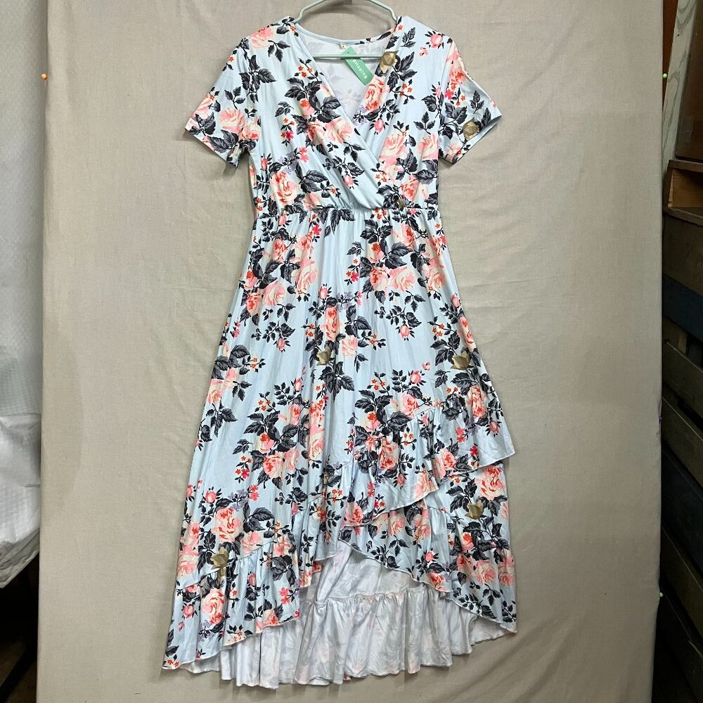 NWT BBHOPING Women Size Medium Blue Floral Wrap V-Neck Ruffle Sleeve Midi Dress